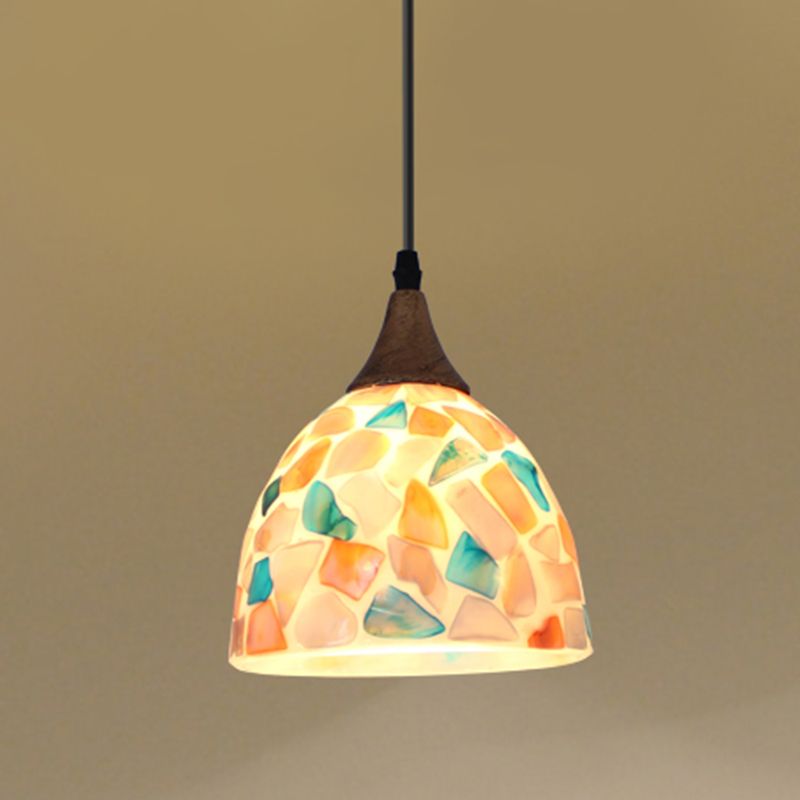 Mosaic Effect Bell Hanging Lamp Mediterranean Beige Shell Pendant Lighting for Kitchen