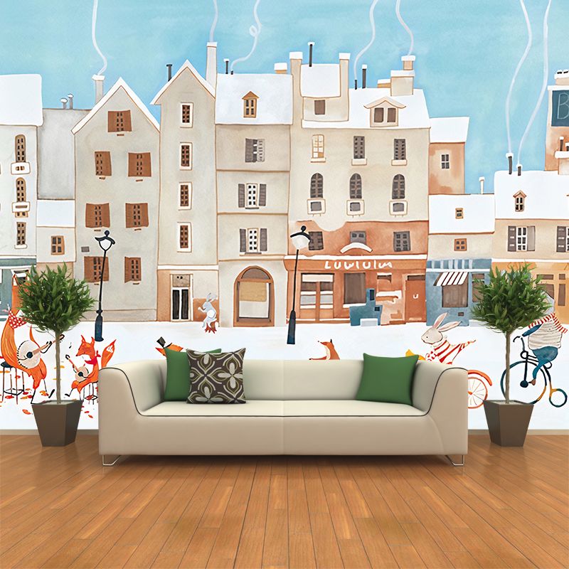 Sky Blue Childrens Art Murals Whole Animal Concert Print Wall Covering for Kids Room