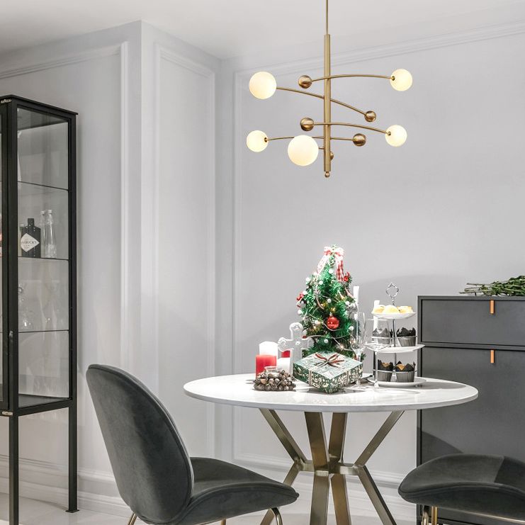 Post-Modern Hanging Chandelier Light Opal Glass Shade 5 Light Ceiling Chandelier in Gold for Bedroom