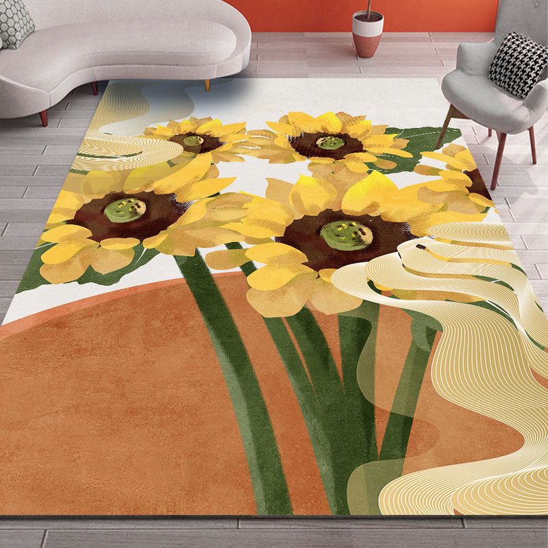 Yellow Sunflower Rug Polyester Modern Rug Washable Rug for Home Decor