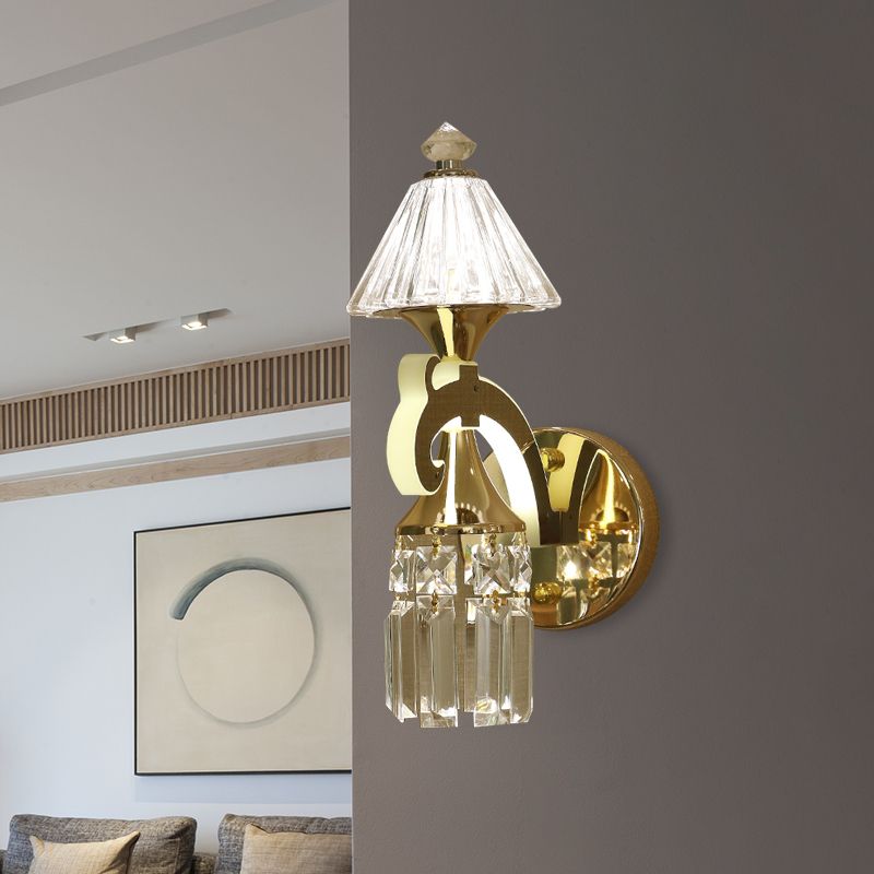 Gold 1/2-Bulb Wall Mounted Lighting Postmodern Crystal Conical Wall Sconce with Dangling Rods