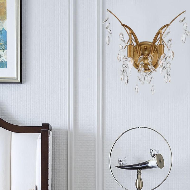 Branch Metal Wall Mount Light Modern 2 Lights Gold Wall Sconce Light with Faceted Crystal Drop