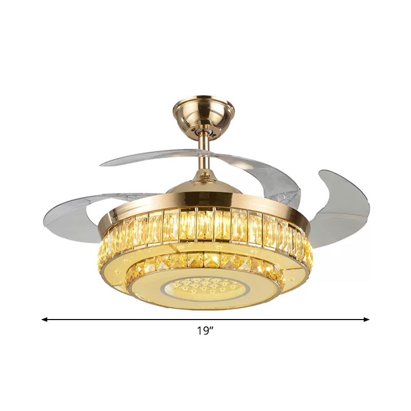 2-stufiger Kreis abgeschrägtes Kristall Semi Flush Moderne 19-Zoll-LED Gold Hanging Lüfterlampe, 4-Blade