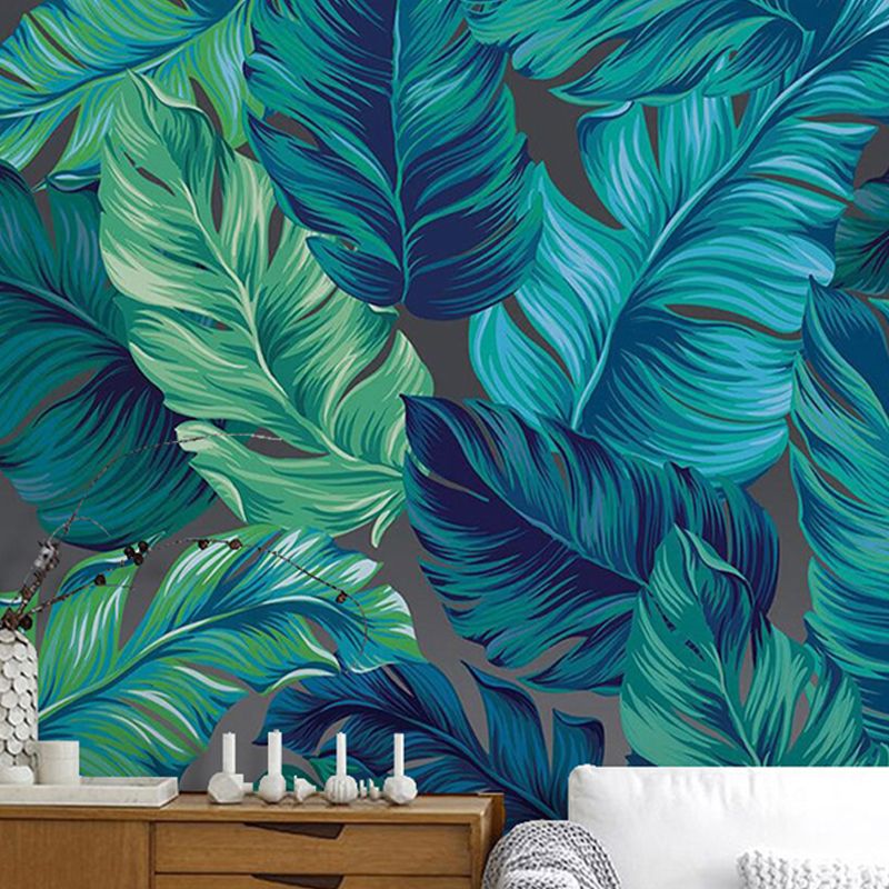 Whole Illustration Minimalist Wall Mural for Home Decoration with Banana Leaves in Green and Blue