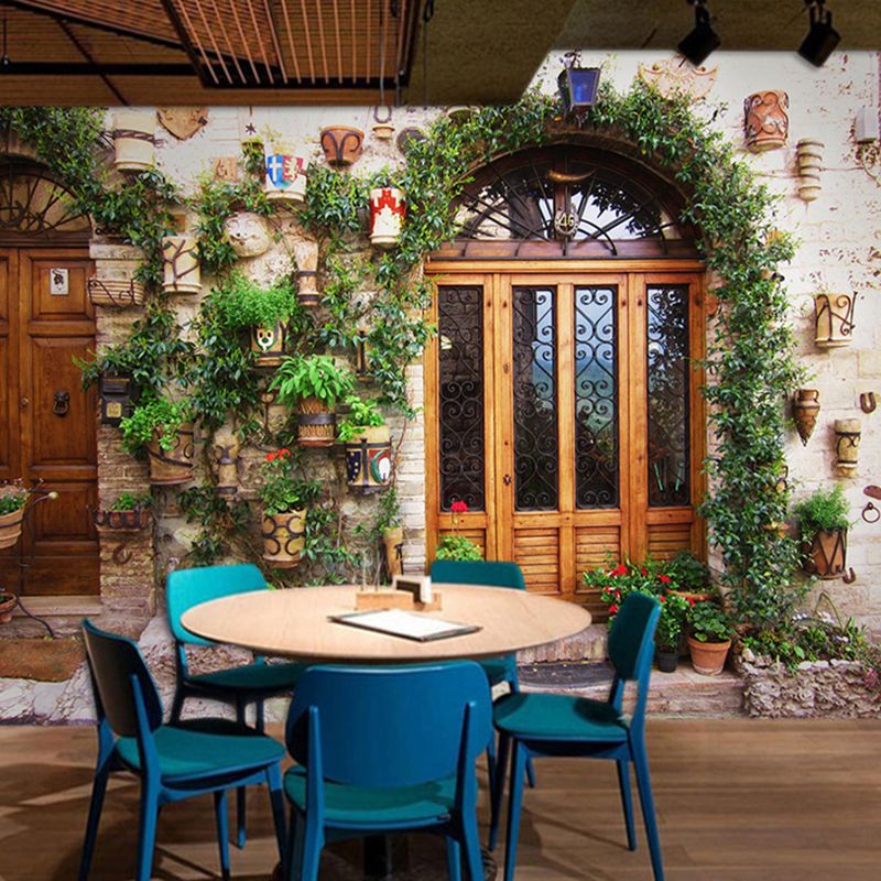 Brown Door and Street Mural Wallpaper Water-Resistant Wall Decor for Coffee Shop