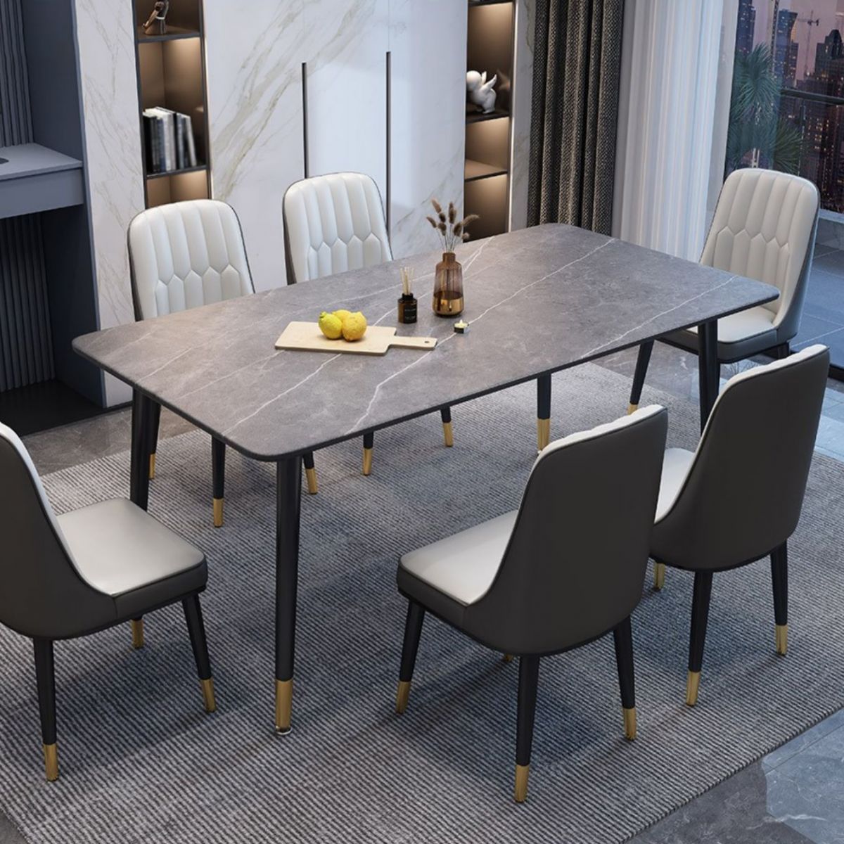 Contemporary Home Sintered Stone Scratch Resistant Dining Table Rectangle Table with 4 Legs Base