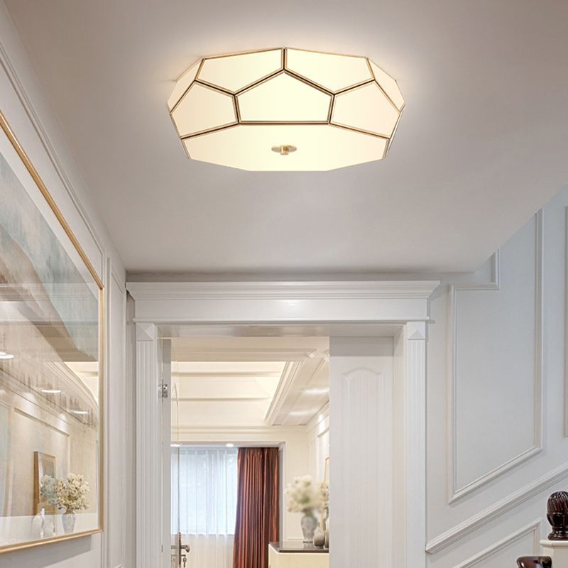 Polygon White Glass Flush Light Fixture Minimalist Bedroom Ceiling Light in Brass