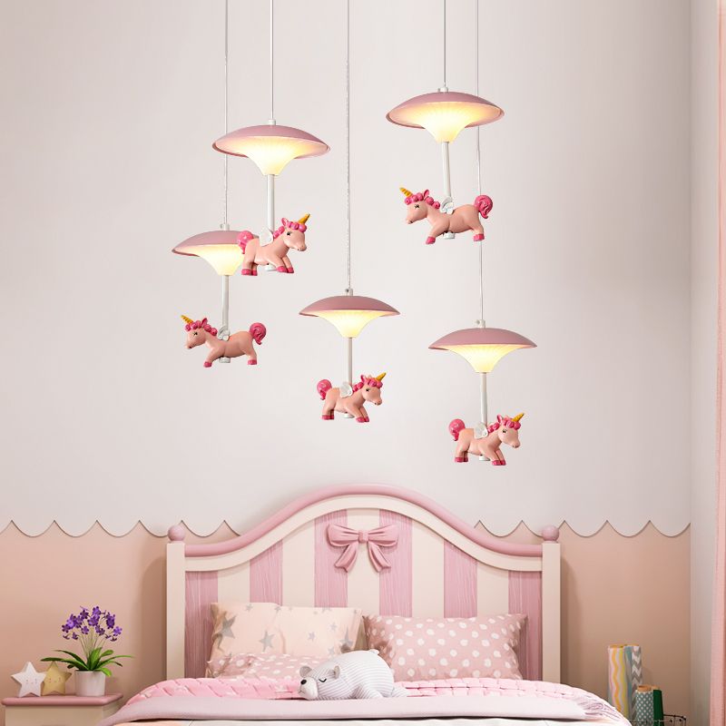 Mushroom Shade Bedroom Multi Pendant Metal LED Kid Ceiling Pendant with Unicorn Deco, Pink