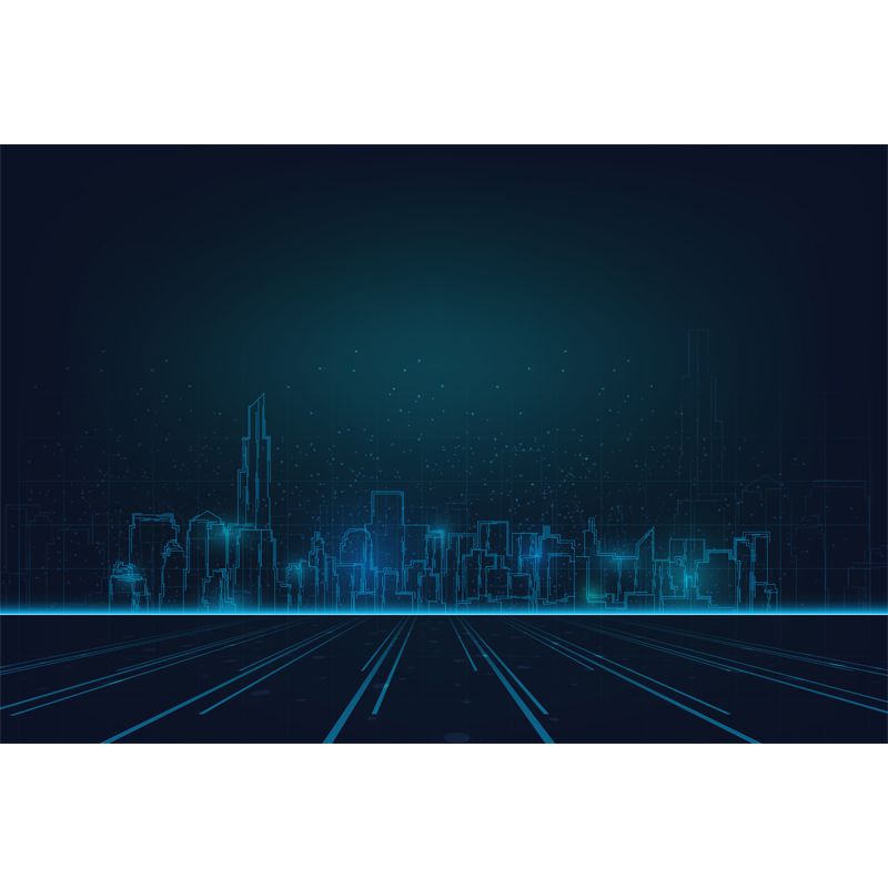 Extra Large Illustration Fictional Mural Wallpaper Downtown Landscape in Dark Blue