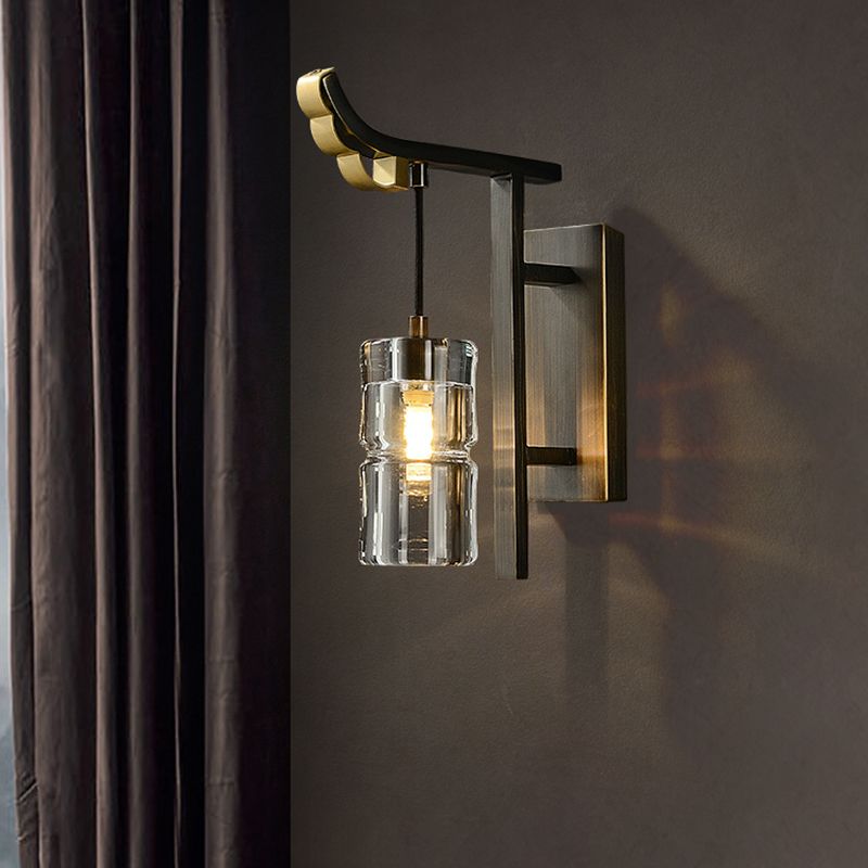 Modern Metal Wall Sconce Cylinder Shape Wall Light with Crystal Shade for Bedroom