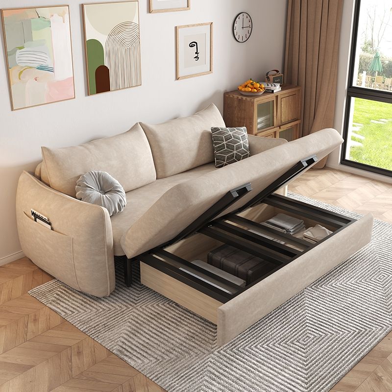 Convertible Faux Leather Sofa Bed Contemporary Square Arm Sofa Bed in Beige