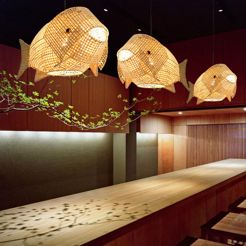 Beige Fish Shaped Suspension Pendant Modern 1 Light Bamboo Ceiling Light for Restaurant