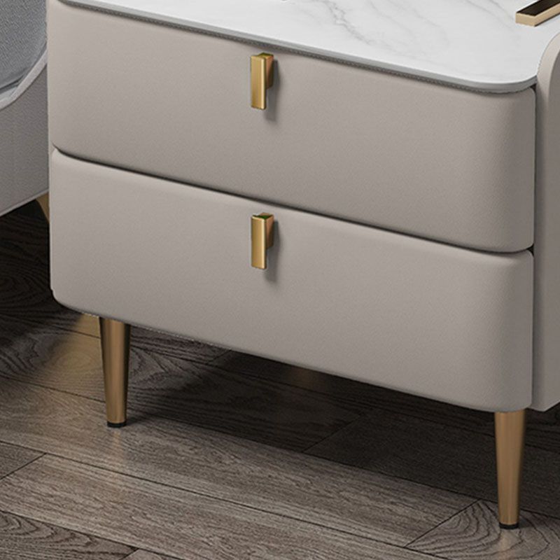 Contemporary Solid Wood Nightstand Stone Top Night Table with Drawers