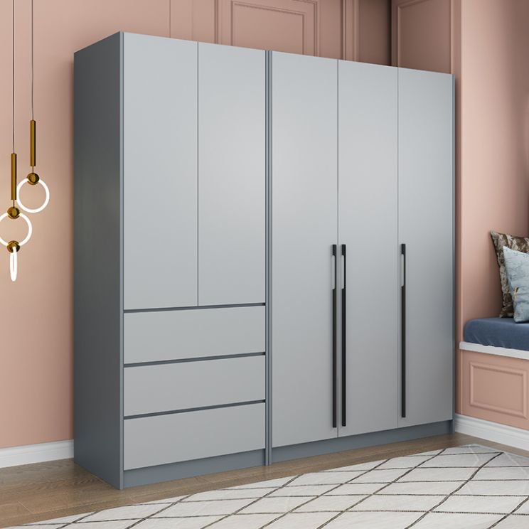 Grey Wooden Wardrobe Armoire Hinged Storage Cabinet with Soft Close Drawer