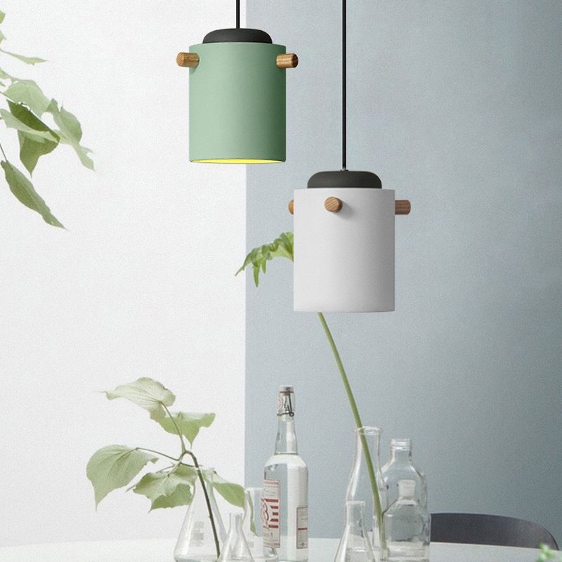 Cylindrical Metal Pendant Lamp Macaron 1 Head Solid Wood Ceiling Hanging Light