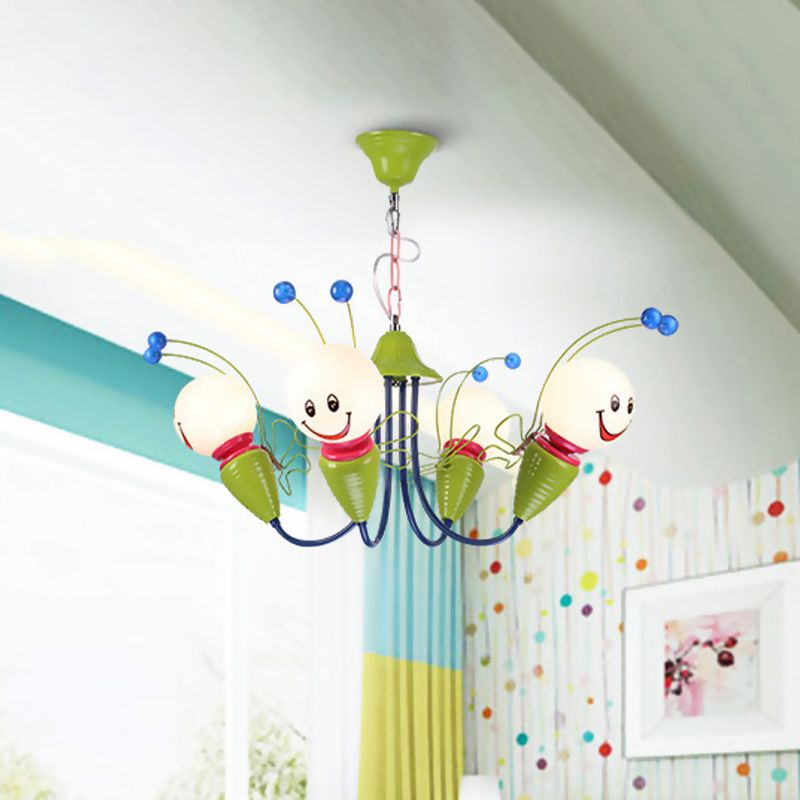Metal Cartoon Bee Chandelier Light Kids 4/6 Heads Green Ceiling Suspension Lamp for Bedroom