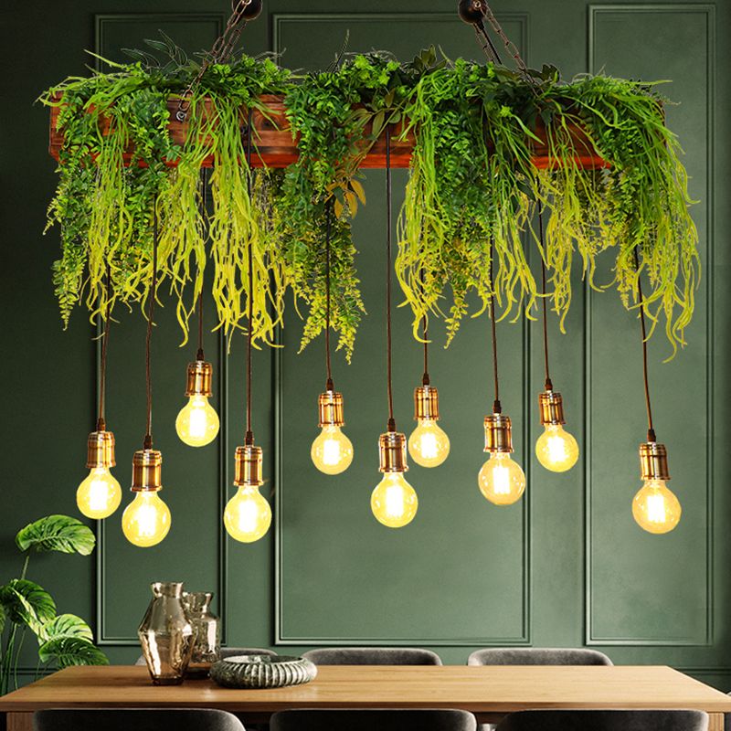 10 bulbes Island Light Industrial Bare Metal Metal Hanging Light avec Faux Fern Deco en vert