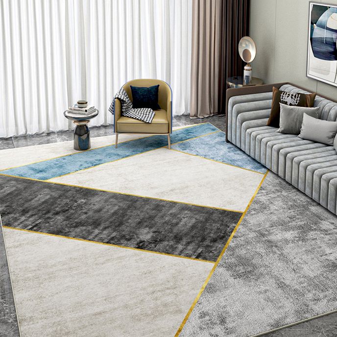 Grey Living Room Area Rug Geometric Print Polyester Area Carpet Non-Slip Backing Rug for Home Decor