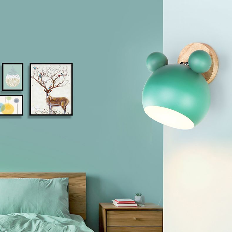 Modern Nordic Macaron Wall Lamp Wooden Globe Wall Light with Wrought Iron Shade