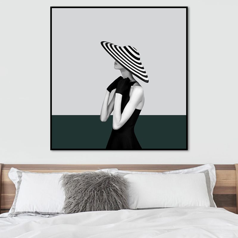 Contemporary Lady Square Canvas Print Dark Color Decorative Wall Art for Living Room
