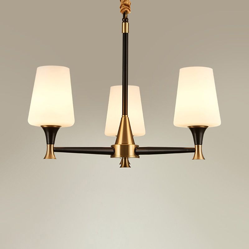 Conical White Glass Chandelier Light Traditional Bedroom Ceiling Suspension Lamp in Black