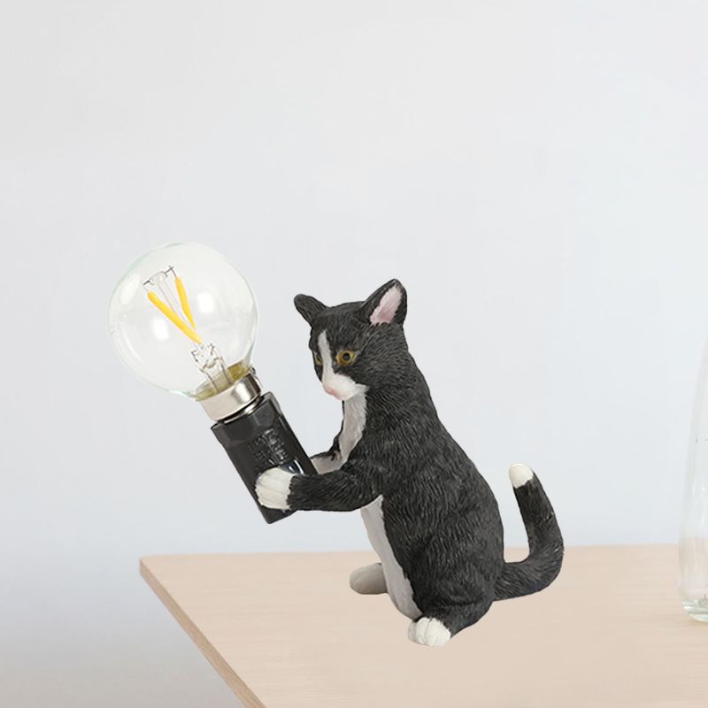 Tabby Cat Holder Table Lamp Kids Iron 1 Bulb Black/Yellow/Blue Nightstand Light with Bare Bulb Design