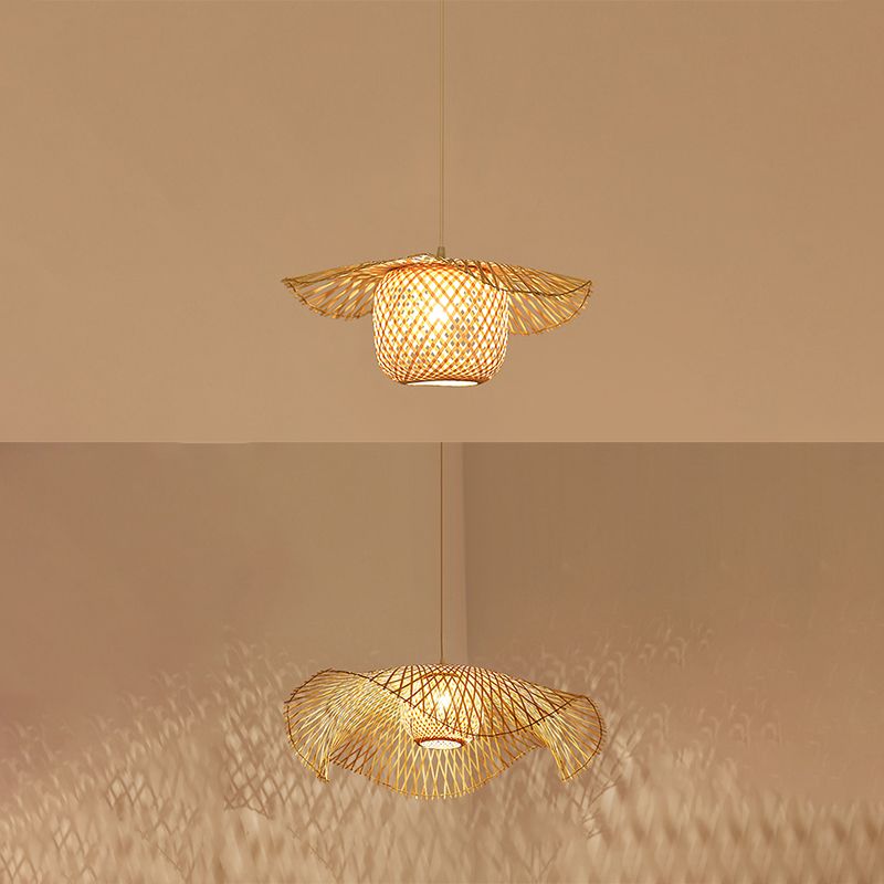 Beige Asia Pendulum Light Rattan 1-Light Hanging Ceiling Light for Dining Room
