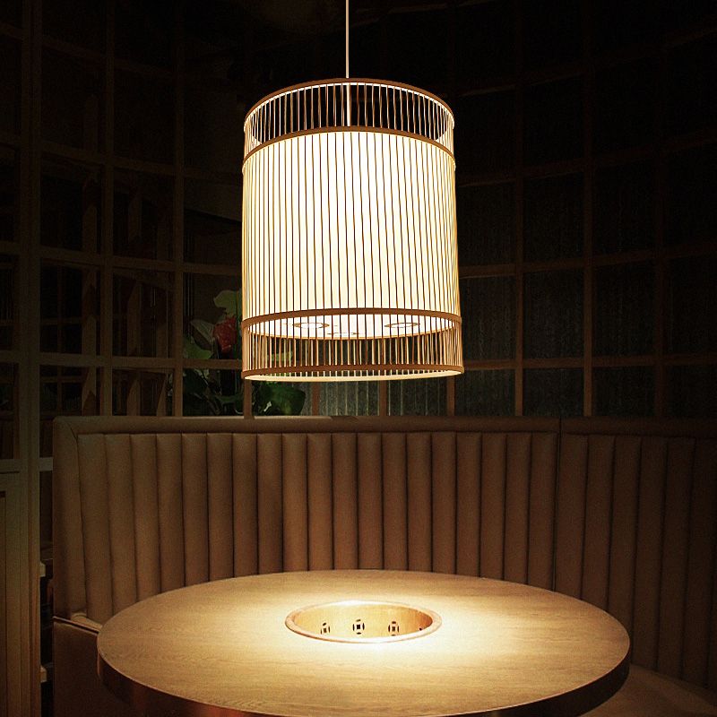 Wood Cylinder Ceiling Light Asian Style 1-Light Bamboo Hanging Light for Restaurant
