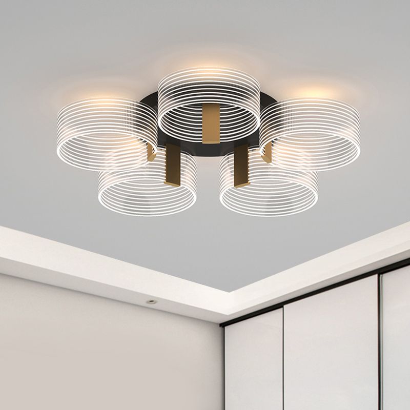 Black-Gold Round Semi Flush Simple 2/3/5 Lights Acrylic Ceiling Mount Light Fixture for Parlor