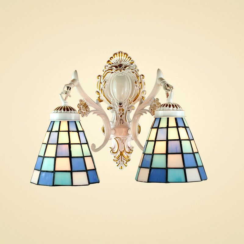 2 Lights Cone Wall Lighting Tiffany Style Stained Glass Wall Sconce with Grid Pattern in White Finish