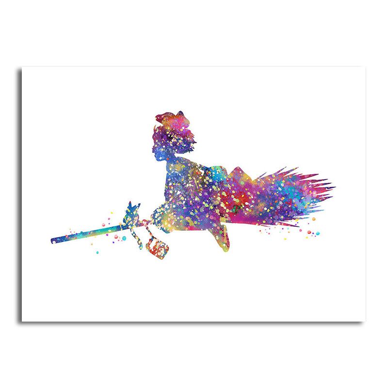 Purple Witch and Mop Canvas Textured Surface Cartoon Sitting Room Wall Art