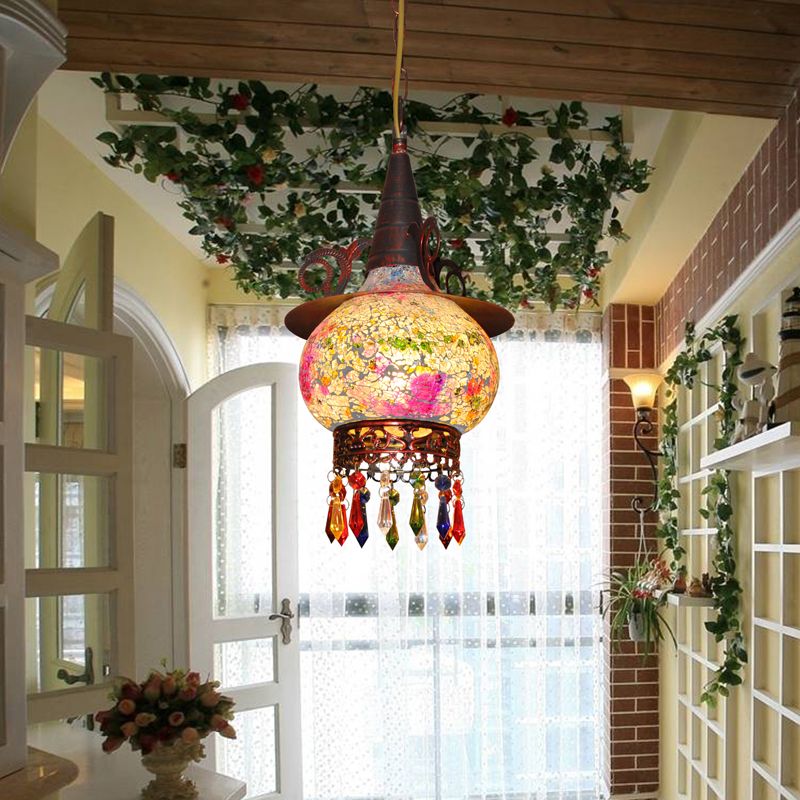 Lantern Porch Pendant Lighting Traditional Cut Glass 1 Head White and Red/Yellow Hanging Ceiling Light