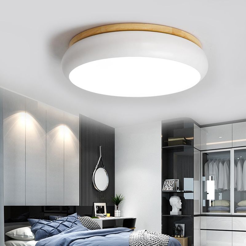 18"/21.5" Dia Drum Flush Mount Macaron Wood White/Pink/Green LED Flush Mount Lamp in White/Warm/Natural Light