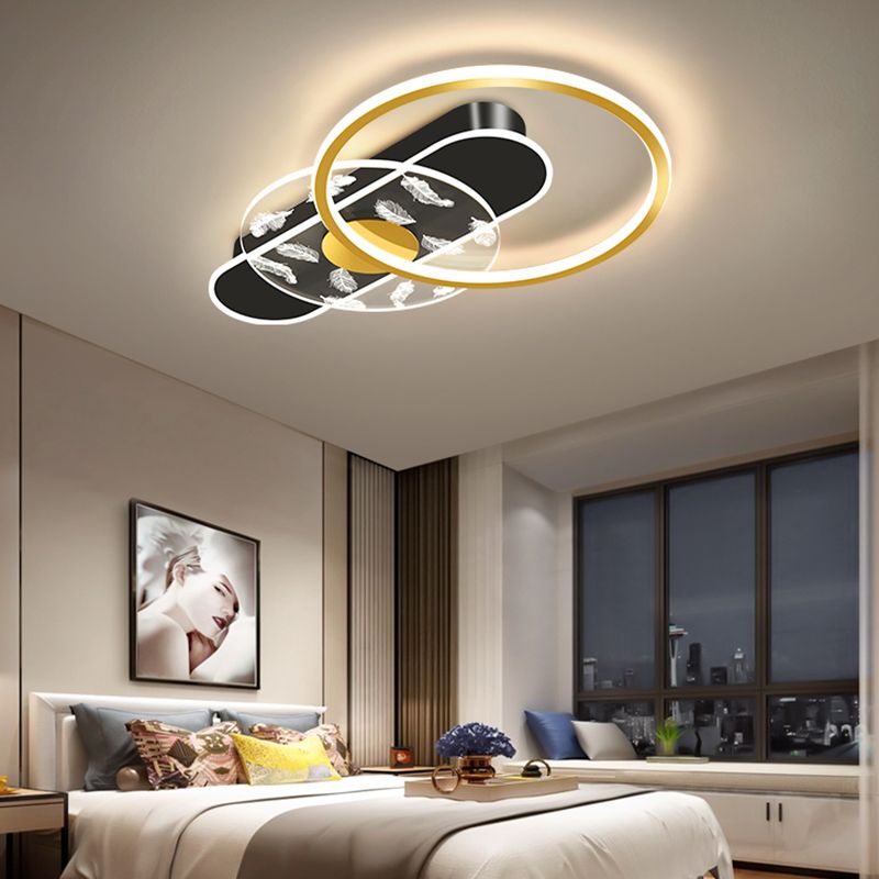 Black and Gold LED Semi Flush Mount in Modern Concise Style Circular Feather Ceiling Light with Acrylic Shade