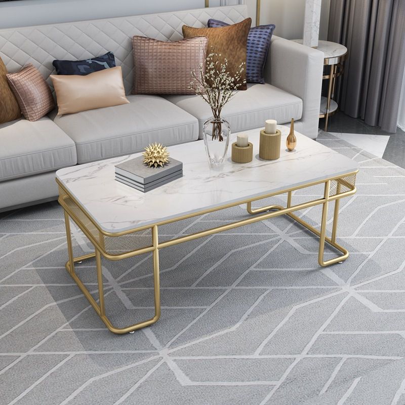 Glam Style Rectangle Coffee Table with Golden Iron Base and Shelf