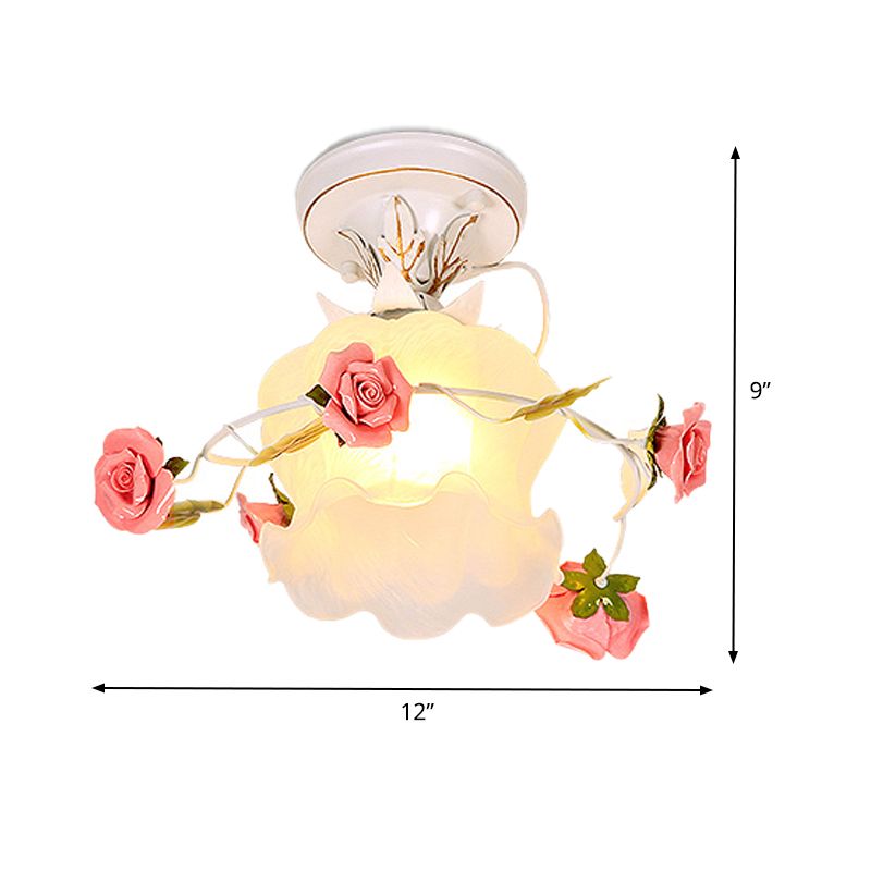 1 Light Ceiling Light Fixture Countryside Bloom Metal Flush Mount Lamp in White for Foyer