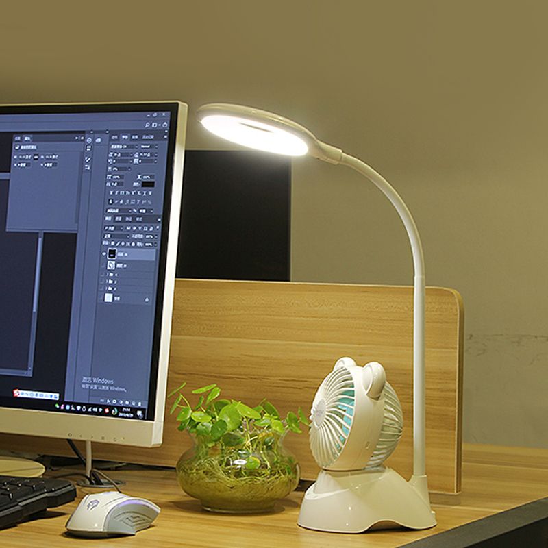Halo Ring Flexibele LED -studie Licht Macaron Plastic Kids Room Desk Lamp met mini -ventilator in het wit