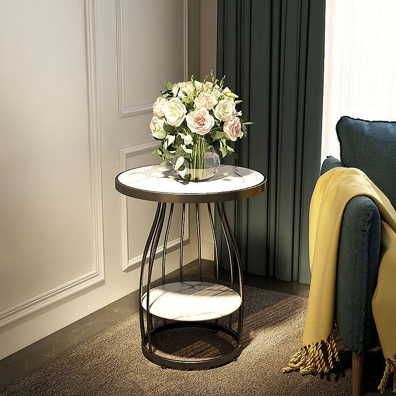 Modern Style Black/gold Metal Base Marble & SLATE Top Round Side Table