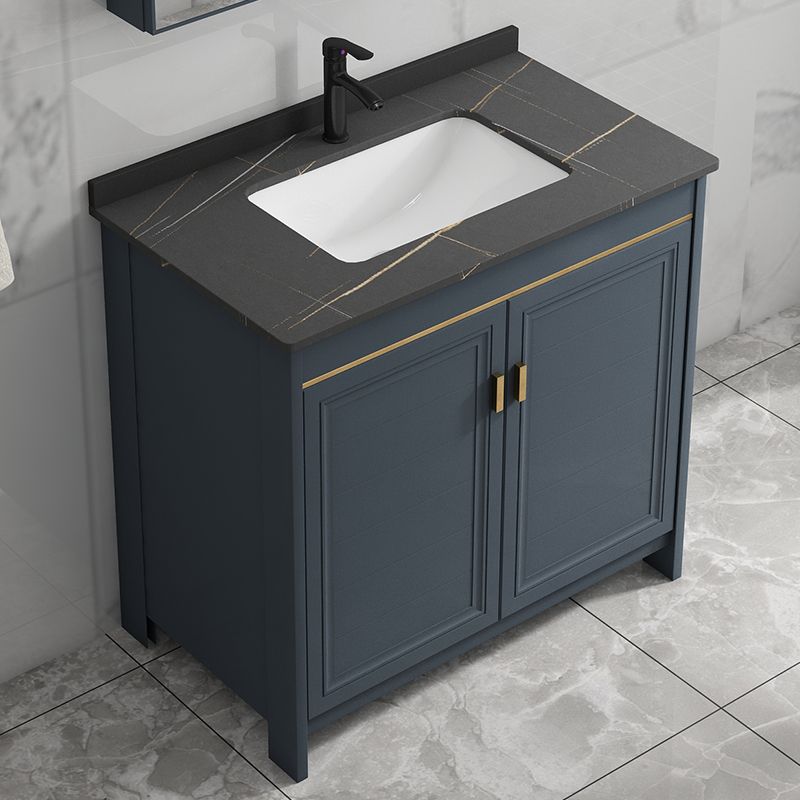 Blue Bathroom Vanity Metal Frame Single Sink Rectangle Mirror Bath Vanity with 2 Doors