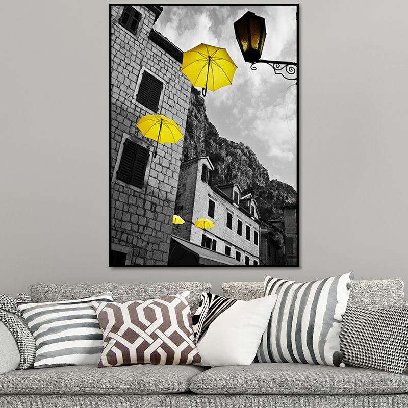 Photo Architecture Wall Art Vintage Textured House Interior Canvas Print in Yellow and Grey