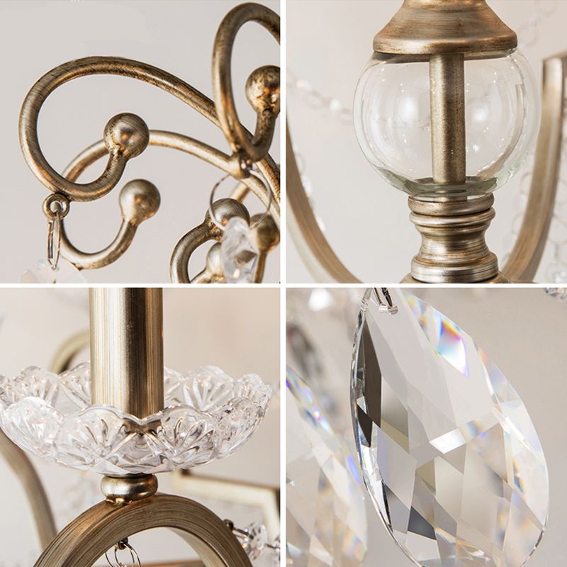 Aged Silver Candle Chandelier Rustic Crystal Living Room Suspension Light with Swirled Arm