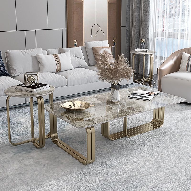 Glam Rectangle Cocktail Table Single Stone Top Coffee Cocktail Table