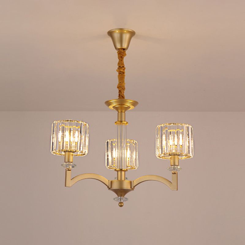 Drum Clear Crystal Ceiling Chandelier Modern 3/8 Heads Gold Suspended Lighting Fixture for Parlor