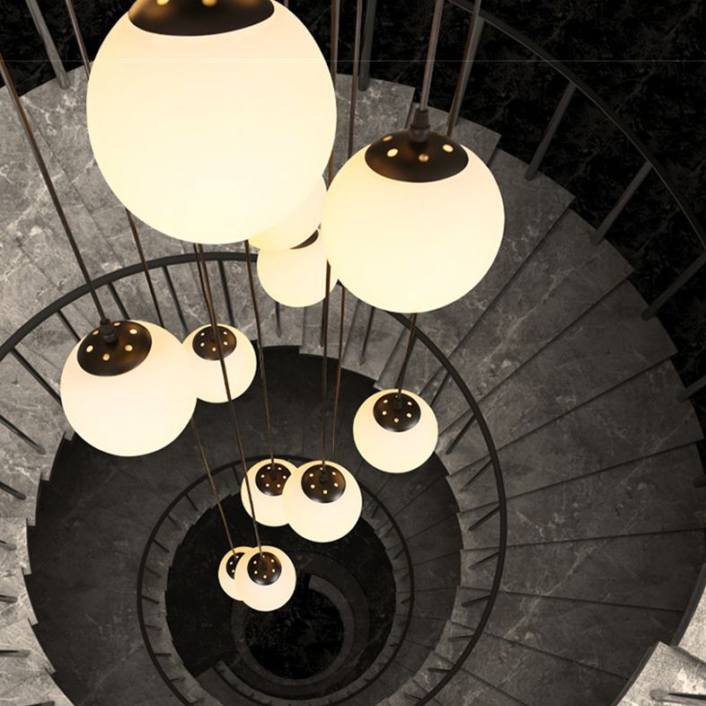 White Glass Cluster Globe Pendant Simplicity Black Multi-Light Ceiling Lamp for Staircase