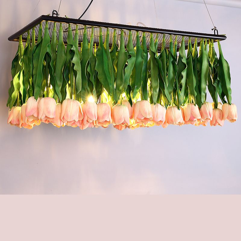 Tulip Bouquet Restaurant Suspension Lamp Rustic Metal 4-Light Green Island Light Fixture