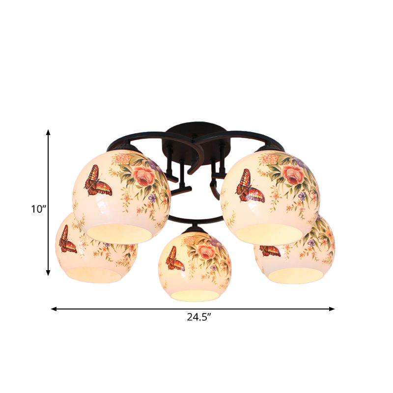 Méditerranée Globe Semi Flush Éclairage 5 lumières Plafond en verre coupé blanc avec motif de fleur / oiseau / papillon