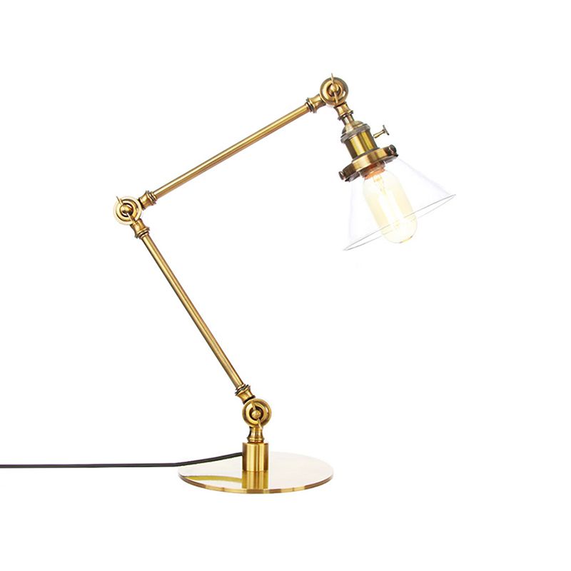 Table conique de style industriel clair Ambre / verre transparent et métal 1 lampe de table de chambre à coucher légère avec bras réglable en noir / laiton