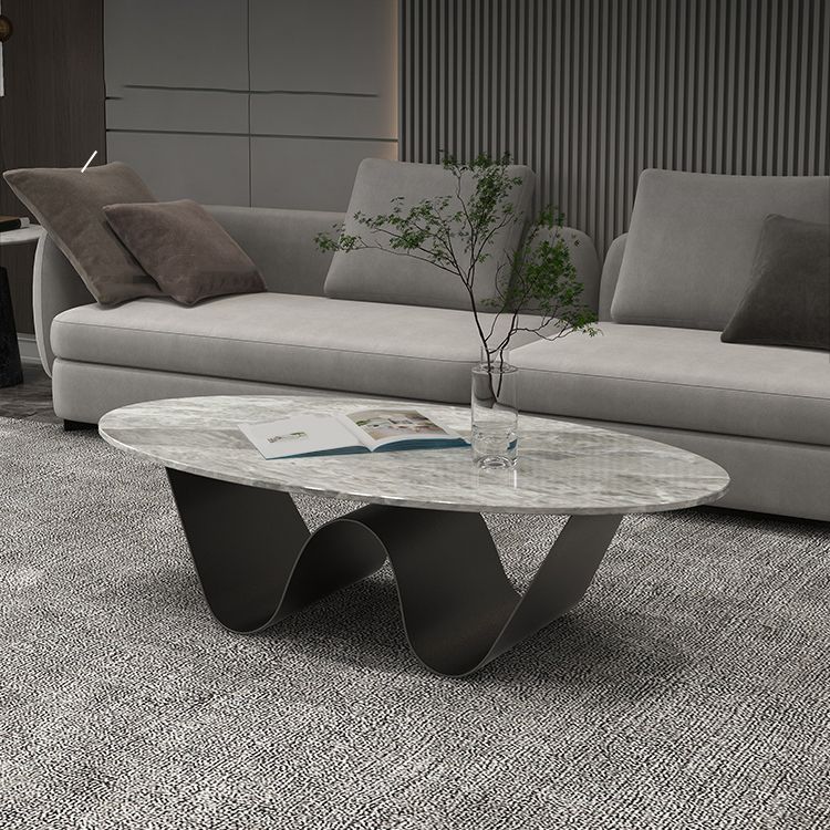 Metal Abstract Base Cocktail Table Glam Oval Slate Top Coffee Table
