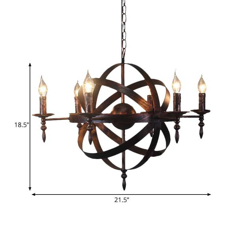 Candle Metallic Chandelier Light Fixture with Spherical Cage Shade Vintage 6/8 Heads Restaurant Ceiling Light in Black/Rust