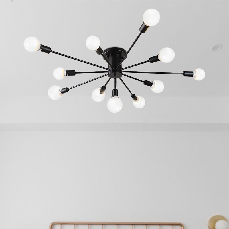 6/8 Heads Bare Bulb Semi Flush Mount Light Vintage Style Black/White Metallic Ceiling Light Fixture for Kitchen